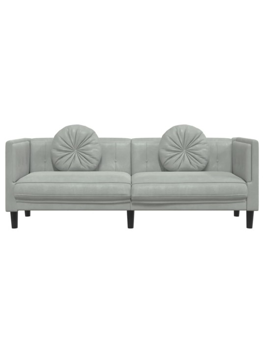 Trivietė sofa su pagalvėlėmis, šviesiai pilkos spalvos, aksomas