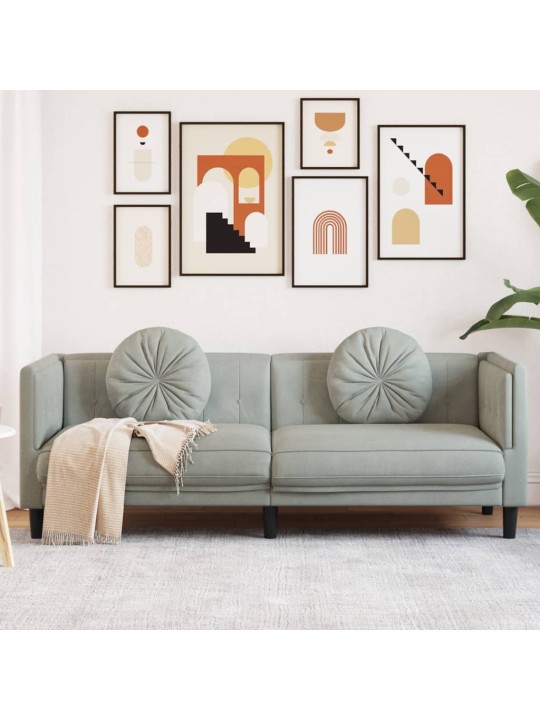 Trivietė sofa su pagalvėlėmis, šviesiai pilkos spalvos, aksomas