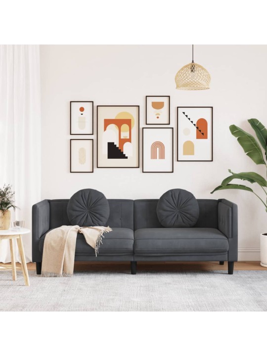 Trivietė sofa su pagalvėlėmis, tamsiai pilkos spalvos, aksomas