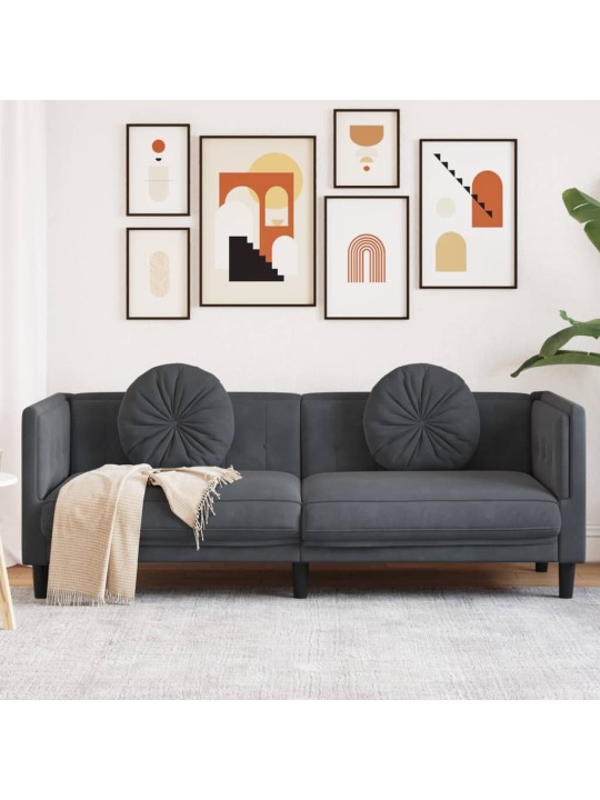 Trivietė sofa su pagalvėlėmis, tamsiai pilkos spalvos, aksomas