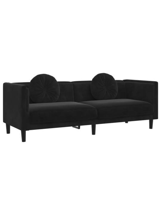 Trivietė sofa su pagalvėlėmis, juodos spalvos, aksomas