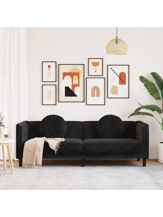 Trivietė sofa su pagalvėlėmis, juodos spalvos, aksomas