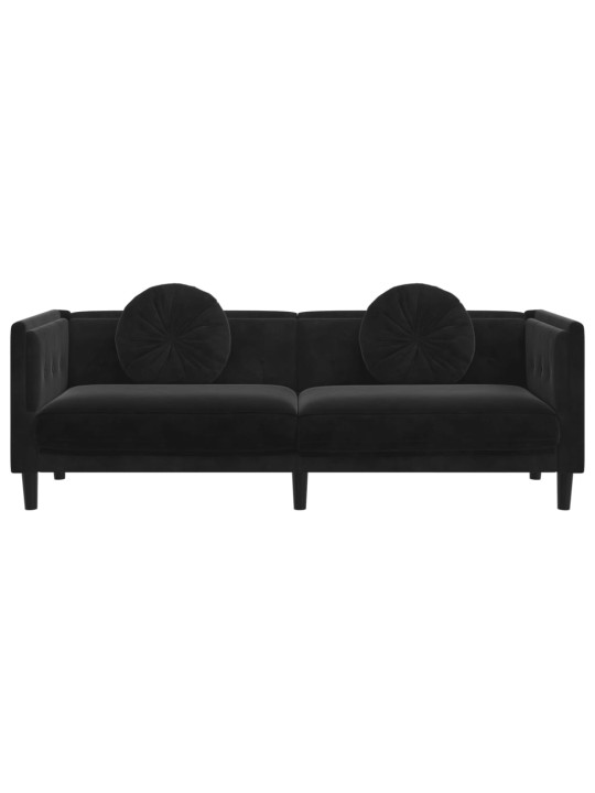 Trivietė sofa su pagalvėlėmis, juodos spalvos, aksomas