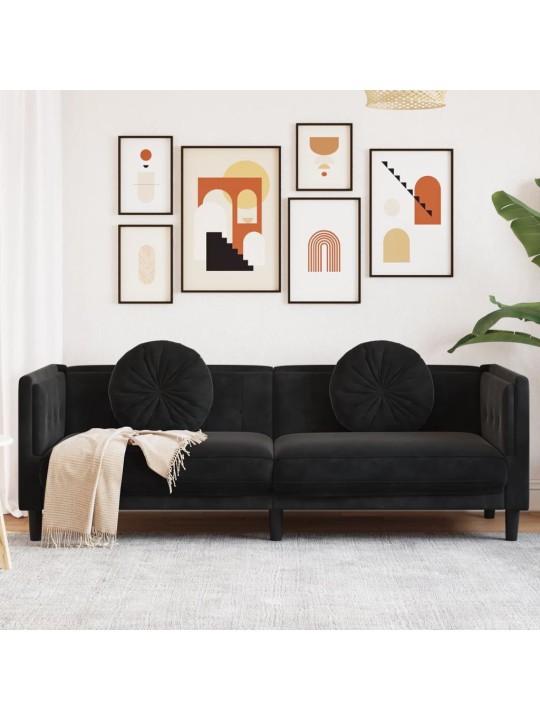 Trivietė sofa su pagalvėlėmis, juodos spalvos, aksomas