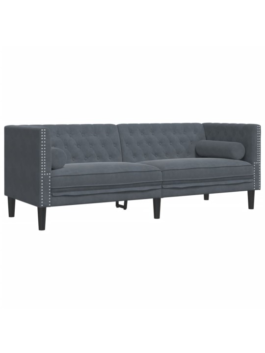 Trivietė chesterfield sofa su pagalvėlėmis, pilka, aksomas