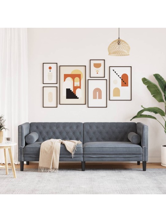 Trivietė chesterfield sofa su pagalvėlėmis, pilka, aksomas