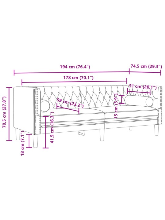 Trivietė chesterfield sofa su pagalvėlėmis, pilka, aksomas