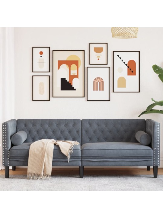 Trivietė chesterfield sofa su pagalvėlėmis, pilka, aksomas