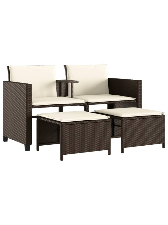 Dvivietė sodo sofa su staliuku/taburetėmis, ruda, poliratanas