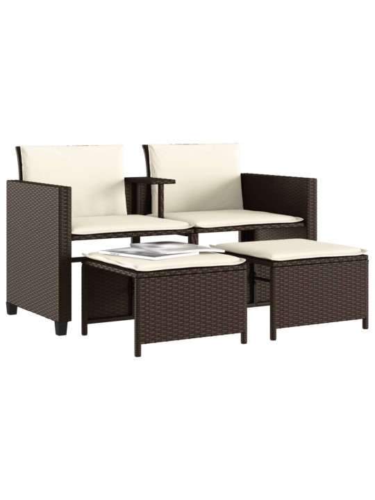 Dvivietė sodo sofa su staliuku/taburetėmis, ruda, poliratanas