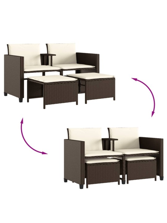 Dvivietė sodo sofa su staliuku/taburetėmis, ruda, poliratanas