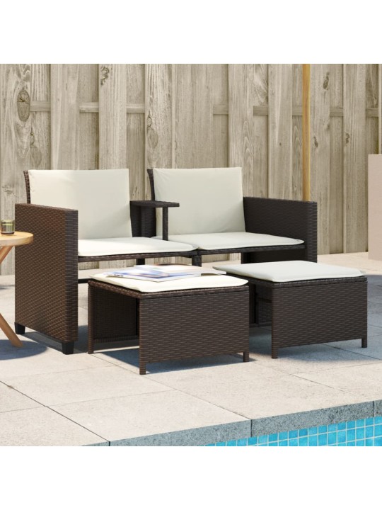 Dvivietė sodo sofa su staliuku/taburetėmis, ruda, poliratanas