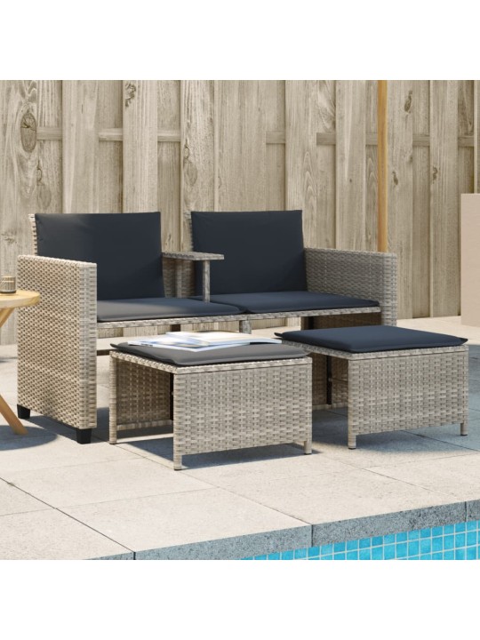 Dvivietė sodo sofa su staliuku/taburetėmis, pilka, poliratanas