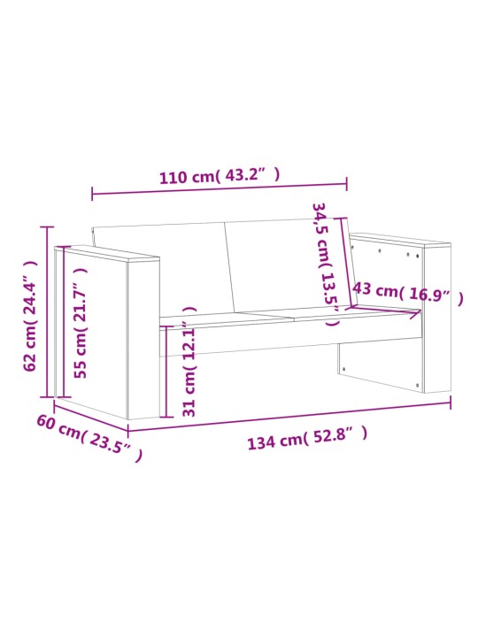 Dvivietė sodo sofa, balta, 134x60x62cm, pušies medienos masyvas