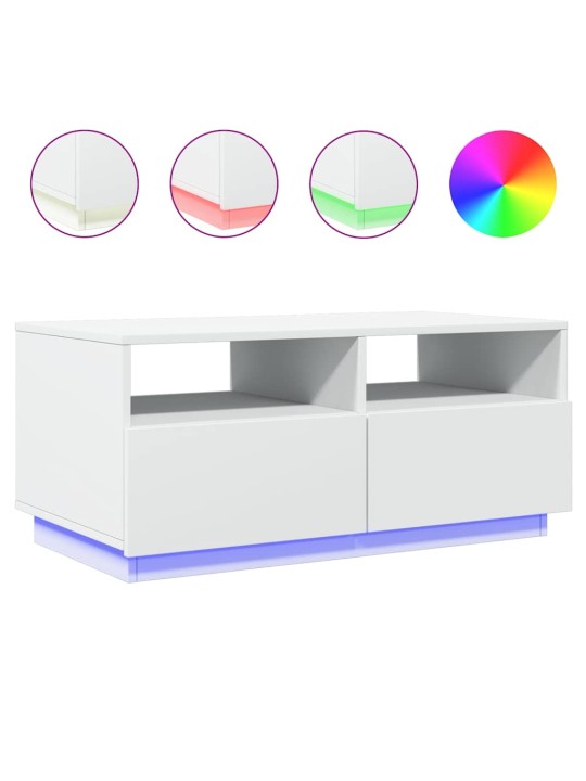 Kavos staliukas su LED lemputėmis, baltos spalvos, 90x49x40cm