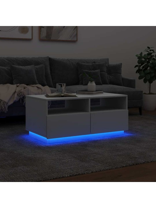 Kavos staliukas su LED lemputėmis, baltos spalvos, 90x49x40cm
