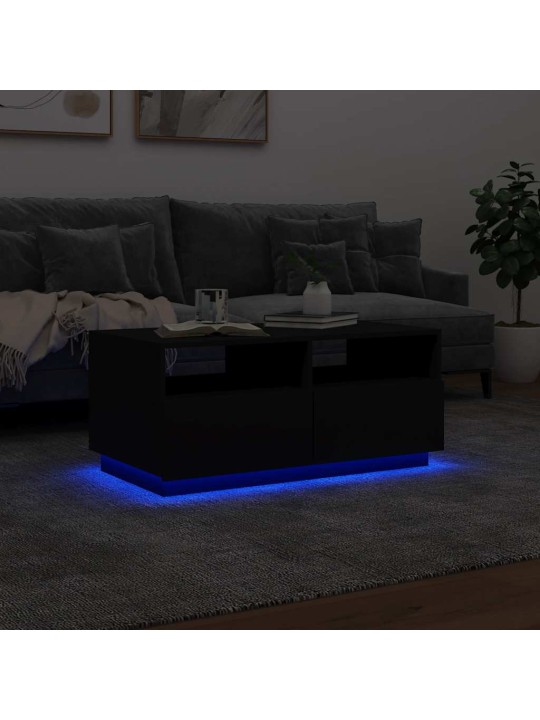 Kavos staliukas su LED lemputėmis, juodos spalvos, 90x49x40cm