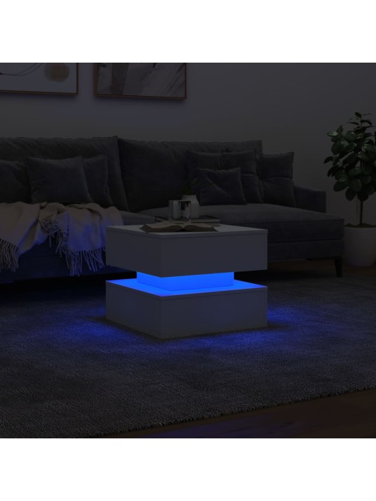 Kavos staliukas su LED lemputėmis, baltos spalvos, 50x50x40cm