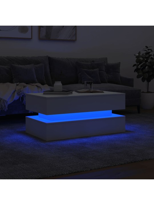 Kavos staliukas su LED lemputėmis, baltos spalvos, 90x50x40cm