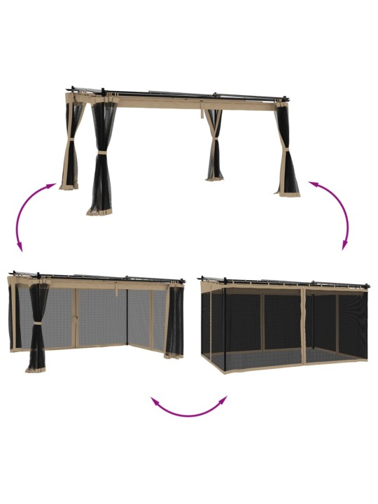 Pavėsinė su tinklinėmis sienelėmis, taupe, 4x3m, plienas