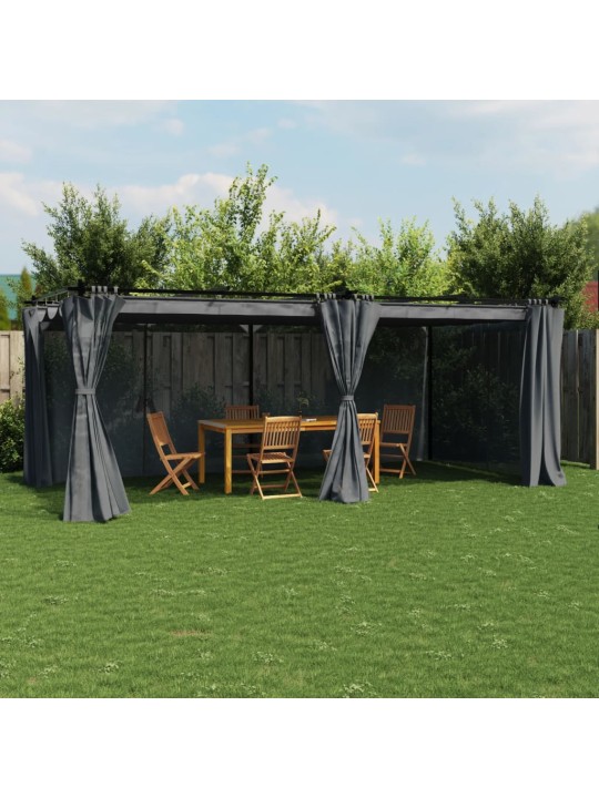 Pavėsinė su užuolaidomis, antracito spalvos, 6x3m, plienas