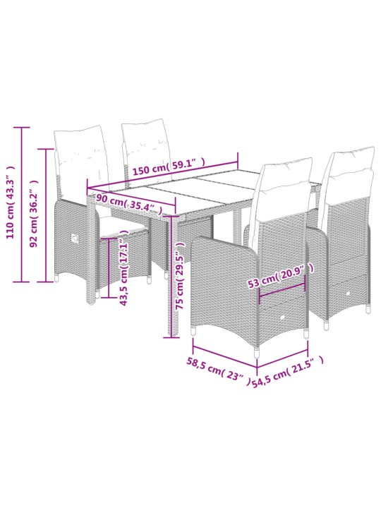 Sodo bistro komplektas su pagalvėmis, 5 dalių, juodas, ratanas