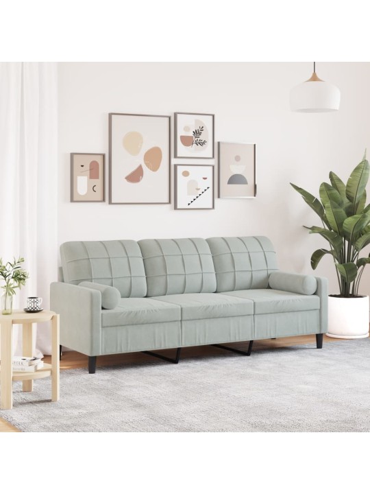 Trivietė sofa su pagalvėlėmis, šviesiai pilka, 180cm, aksomas