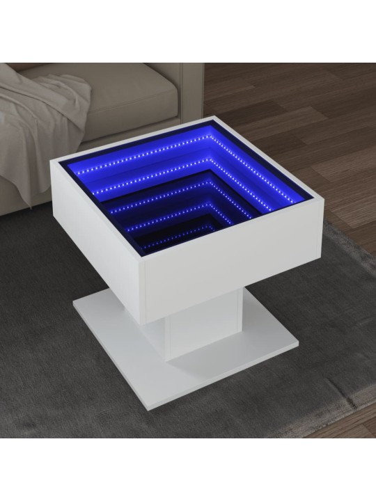 Kavos staliukas su LED, baltas, 50x50x45cm, apdirbta mediena