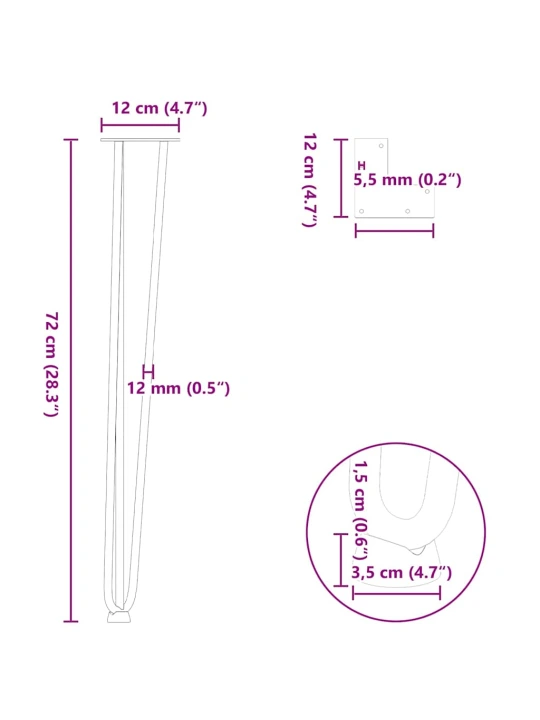 Plaukų segtukas stalo kojelės, 4 vnt., antracito, 72cm, plienas