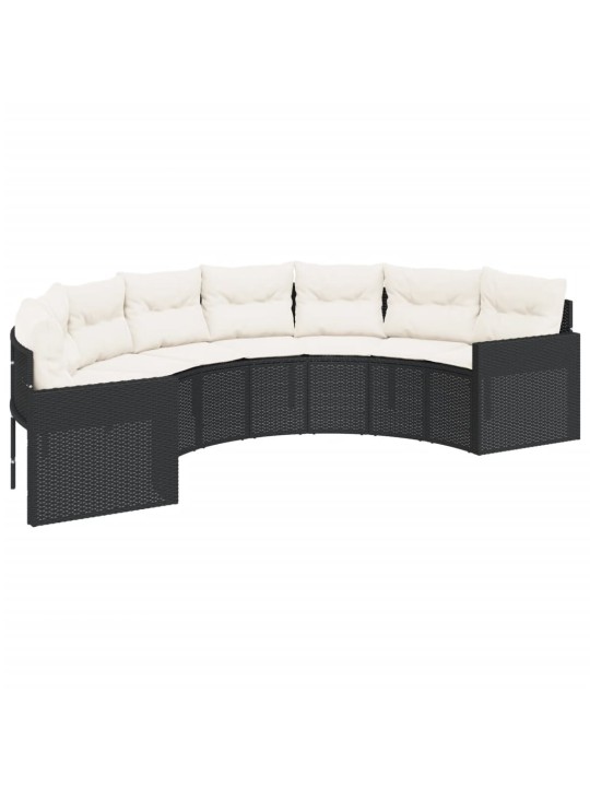 Sodo sofa su pagalvėlėmis, juodas, poliratanas, pusapvalis