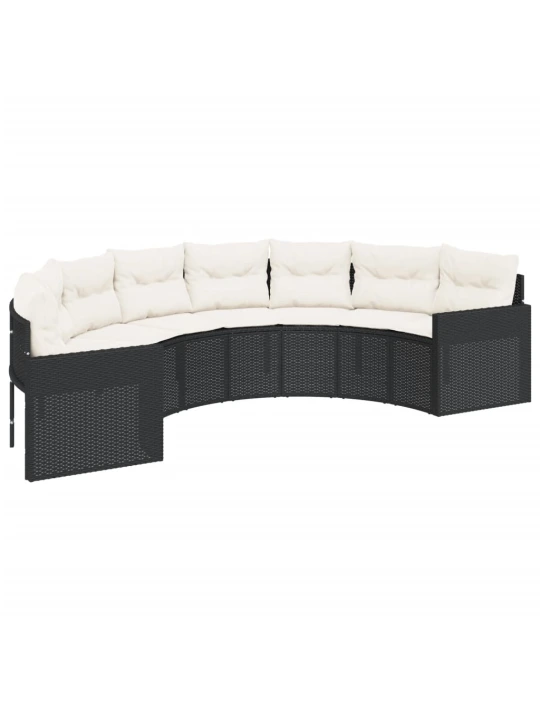 Sodo sofa su pagalvėlėmis, juodas, poliratanas, pusapvalis