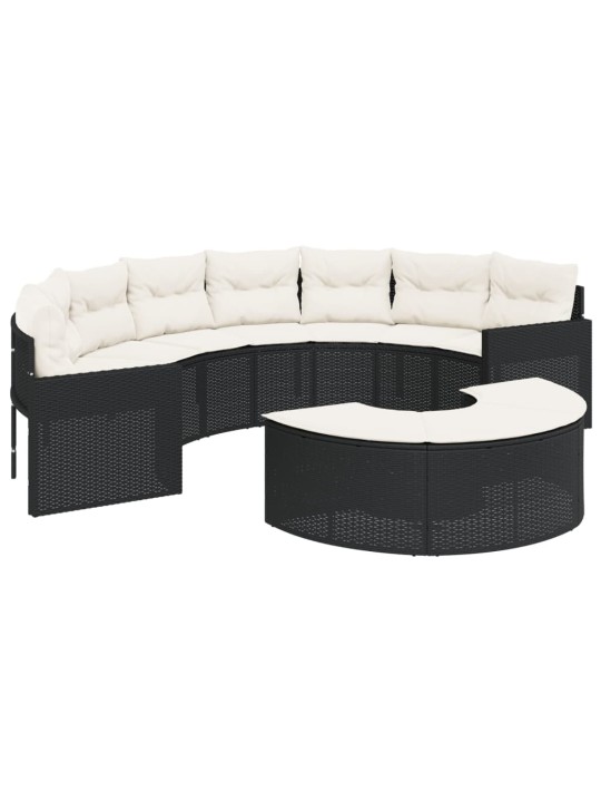 Sodo sofa su pagalvėlėmis, juodas, poliratanas, pusapvalis