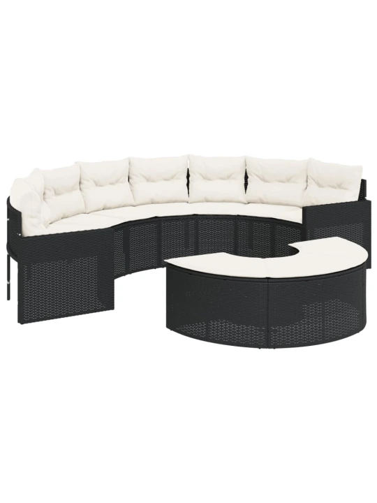 Sodo sofa su pagalvėlėmis, juodas, poliratanas, pusapvalis