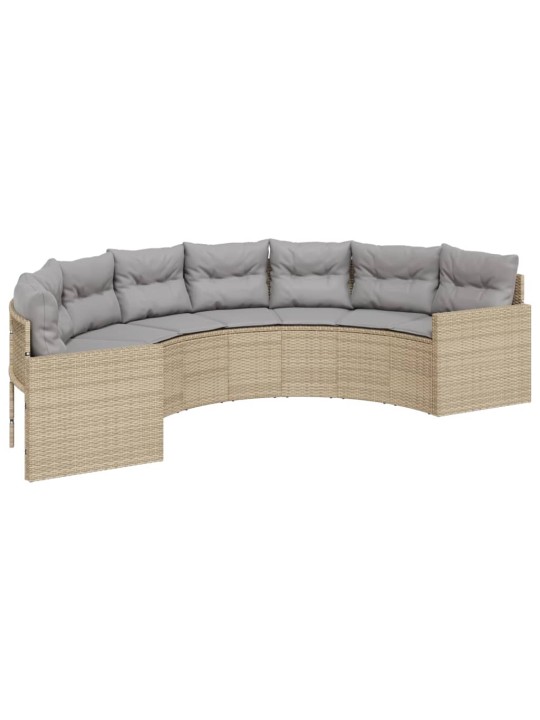 Sodo sofa su pagalvėlėmis, smėlio, poliratanas, pusapvalė