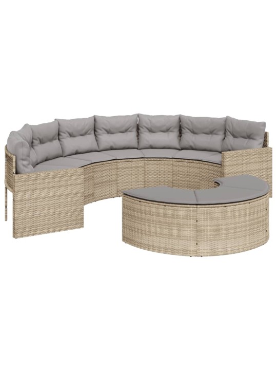 Sodo sofa su pagalvėlėmis, smėlio, poliratanas, pusapvalė