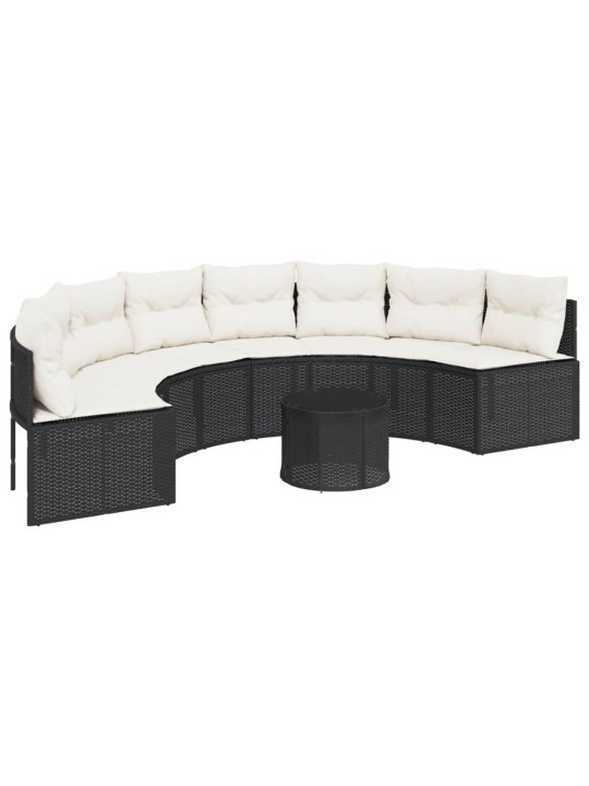 Sodo sofa su stalu/pagalvėlėmis, juoda, poliratanas, pusapvalė