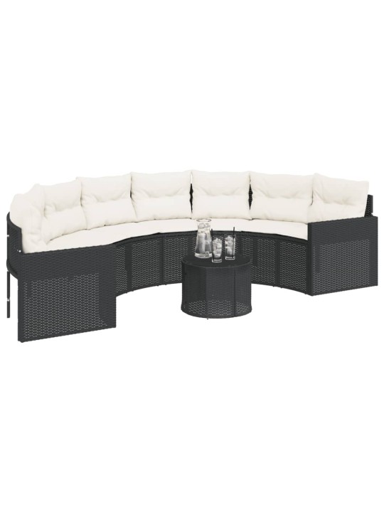 Sodo sofa su stalu/pagalvėlėmis, juoda, poliratanas, pusapvalė