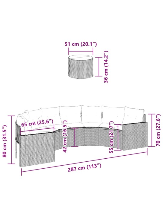 Sodo sofa su stalu/pagalvėlėmis, juoda, poliratanas, pusapvalė