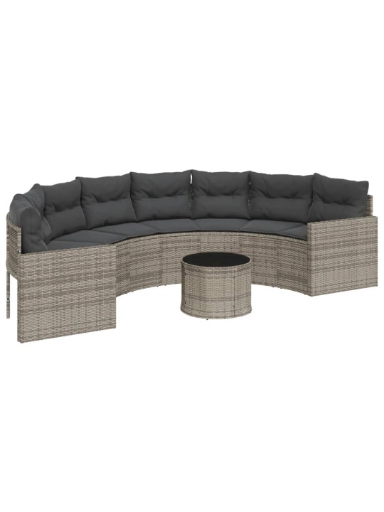 Sodo sofa su stalu/pagalvėlėmis, pilka, poliratanas, pusapvalis
