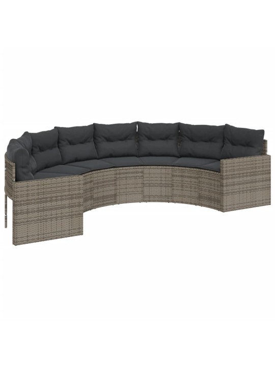 Sodo sofa su stalu/pagalvėlėmis, pilka, poliratanas, pusapvalis