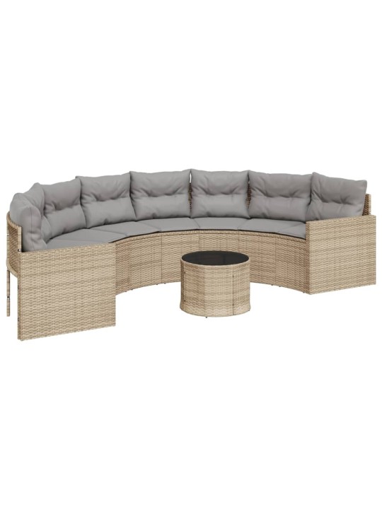 Sodo sofa su stalu/pagalvėlėmis, smėlio, poliratanas, pusapvalė