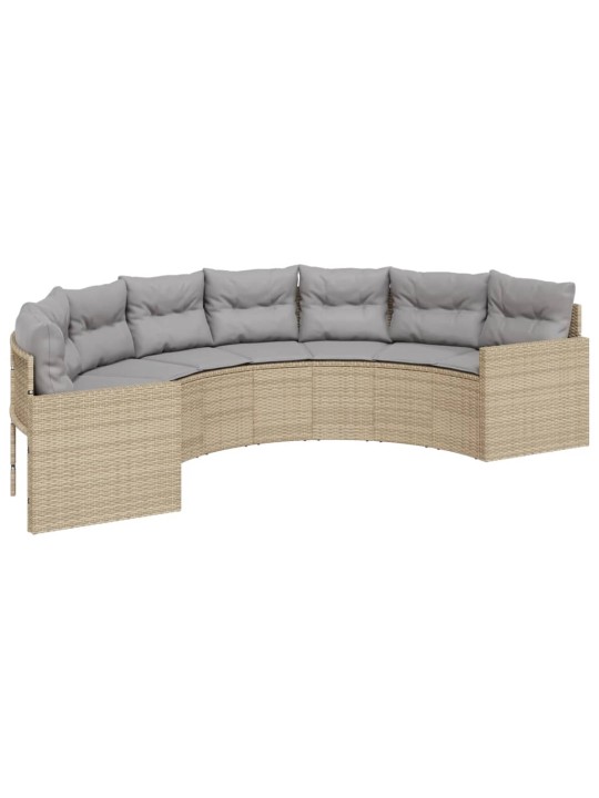 Sodo sofa su stalu/pagalvėlėmis, smėlio, poliratanas, pusapvalė