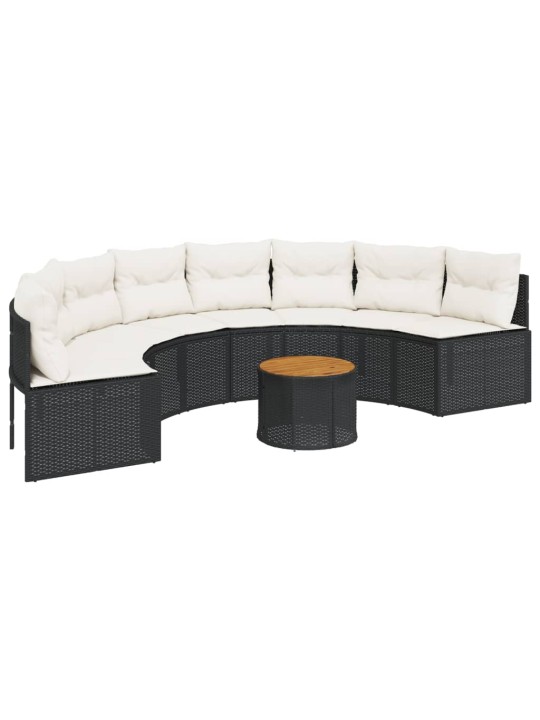 Sodo sofa su stalu/pagalvėlėmis, juoda, poliratanas, pusapvalė