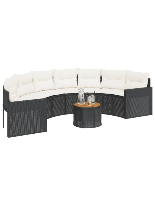Sodo sofa su stalu/pagalvėlėmis, juoda, poliratanas, pusapvalė