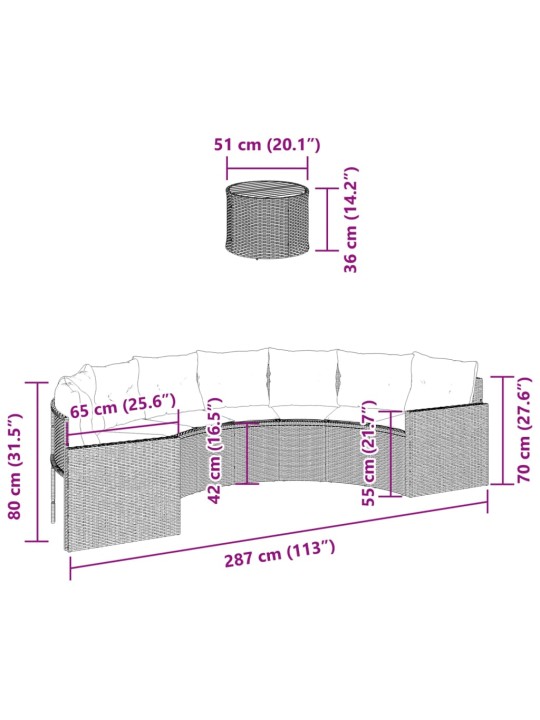 Sodo sofa su stalu/pagalvėlėmis, juoda, poliratanas, pusapvalė