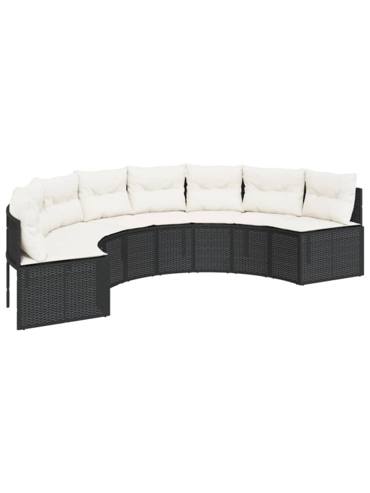 Sodo sofa su pagalvėlėmis, juoda, poliratanas, pusapvalė