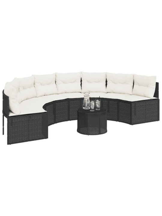Sodo sofa su pagalvėlėmis, juoda, poliratanas, pusapvalė