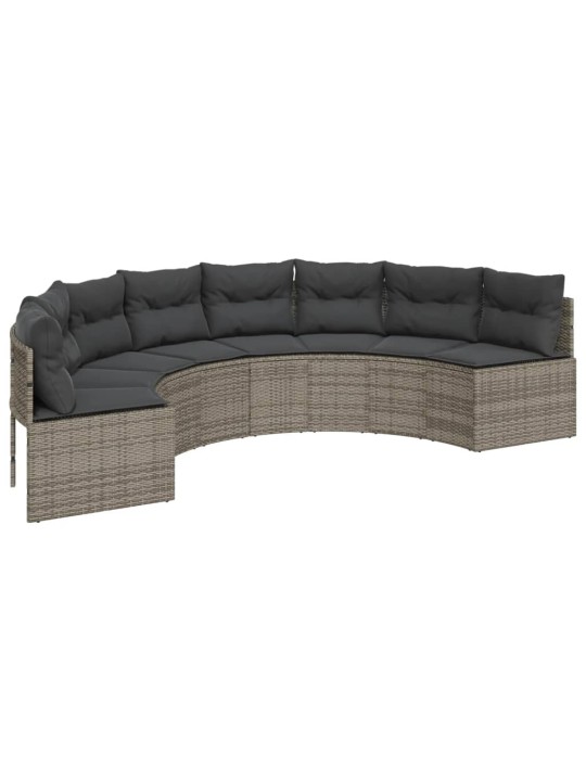 Sodo sofa su pagalvėlėmis, pilka, poliratanas, pusapvalis