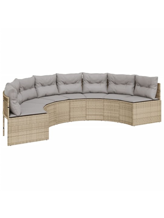 Sodo sofa su pagalvėlėmis, smėlio, poliratanas, pusapvalė