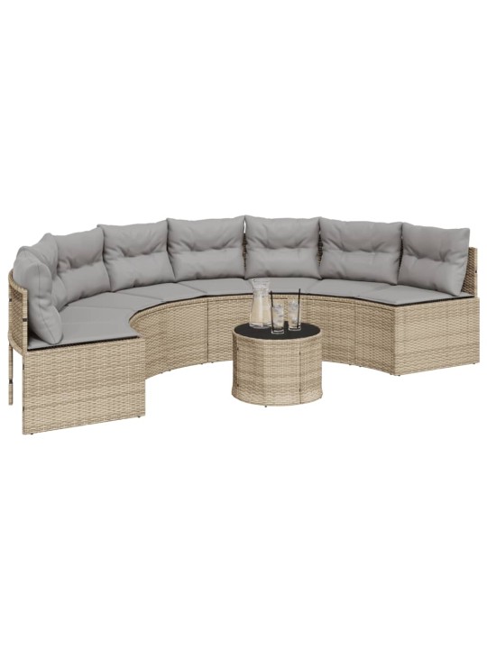 Sodo sofa su pagalvėlėmis, smėlio, poliratanas, pusapvalė
